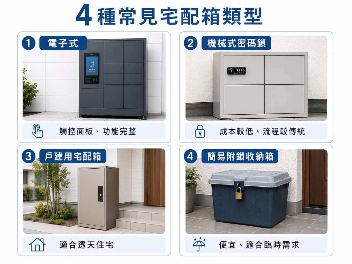 4 種常見宅配箱類型對照:電子式、機械式密碼鎖、戶建用、簡易附鎖收納箱