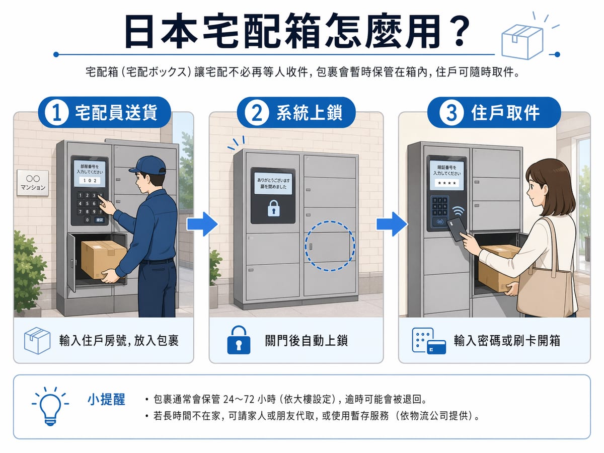 日本宅配箱使用 3 步驟:宅配員送貨、系統上鎖、住戶取件
